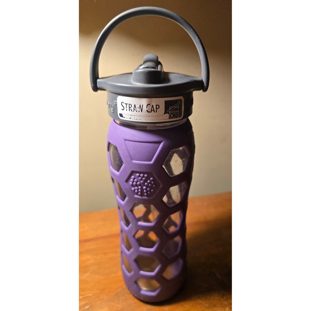 Lifefactory Purple Glass Water Bottle‎ with Silicone Sleeve Straw Cap 16 oz